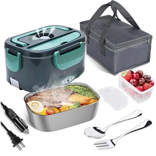 2-in-1 Electric Heating Lunch Box Heater with Handle - Leakproof, Thermal, 4 Removable Stainless Steel Insulated Containers, 110V-12V-24V 60W Tableware for Car/Home, Thermal Lunch Boxes
