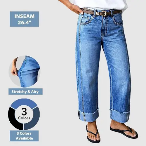 Flamingals Wash Seam Front Roll Raw Hem Mid Rise Straight Leg Jeans Womenswear Stretchy 26.8" Inseam Summer Vibes