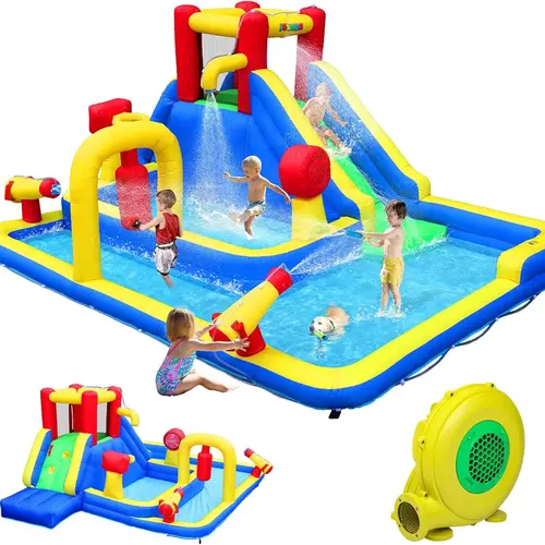 JOYMOR 10-in-1 Inflatable Play Center, Giant Bounce House Water Slides Fun Water Playset w/Deeper Pool, Obstacle Course, Climbing Wall, 1min Blow Up for 3-8 Yrs Kids Backyard Party Multi-Use Gift