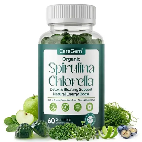 CareGem 38-in-1 Super Greens Dietary Daily Supplement Gummies - Sea Moss, Spirulina, Chlorella, Chlorophyll, 100% DV Vitamins A/B12, Iron, Magnesium - Energy Support, Vegan, Green Flavor, 60 Cts,sohochic