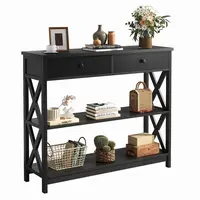 Sweetcrispy 39" Modern Wood 3-Tier Console Table, 2-Drawer Entryway Table with Metal X-Frame, 200 lbs Weight Capacity, Modern Wood Table
