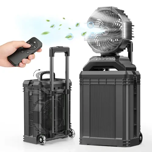 SprzAir 4gal Cordless Rechargeable Portable Fan with 40000mAh Battery, Retractable Handle, Full Remote Control, Remote Mist Control, Oscillating Design for Camping, Backyard, Beach, Golf, Made for Outdoor Adventures