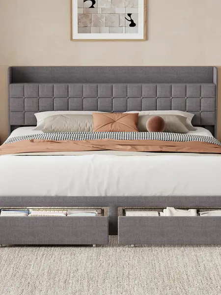 Sweetcrispy Heavy-Duty Hybrid Frame Bed Frame for Bedroom Upgrade, Plush Tufted Headboard, Stable Silent Low-Profile Sturdy Support, Wrought-Iron Baskets, Easy Assembly, Queen/King Size Contemporary Indoor Furniture