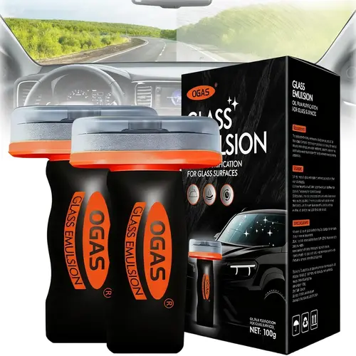2PCS Car Glass Oil Film Remover Kit - Roll-On Brush with Cleaning Board, Car Detailing Products Including Degreaser Cleaner, Watermark Remover, Windshield Spray & Anti-Fog Glass Cleaner for Automotive Care