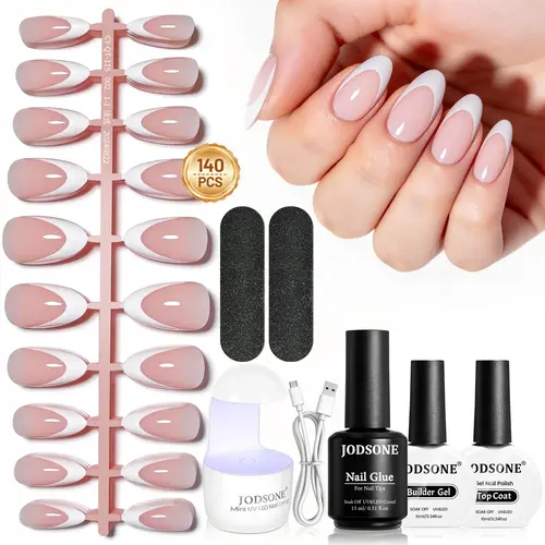 JODSONE 144pcs New Upgrade French Gel Nail Tips Kit French Tip Press on Nails Soft Fack Nail Tips Gel Nail Glue,Builder Gel,Top Coat,Nail Lamp All Included for Nail Art Easy DIY