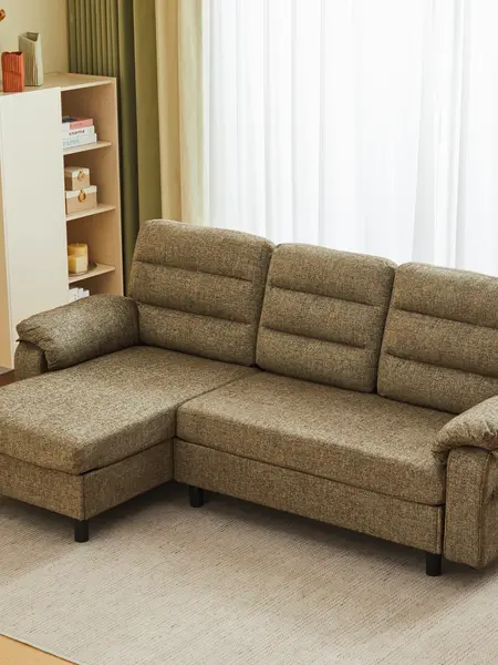 Sweetcrispy L-Shaped Chaise Lounge Sectional Sofa Couch - 3-Seat Modular Indoor Lounger, Textured Olive Spill-Resist Fabric, Fixed Arms, Plush Cushions, Deep-Seat Sleeper, Durable Tufted Back Cradle, Modern Compact Sofas Living Room Apartment Furniture