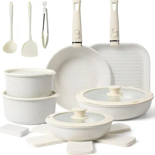 TIBBICC 20pcs Nonstick Complete Kitchen Cookware Set - Detachable Handle, Nesting, Grab & Go, Lead-Free Ceramic Coating, Space-Saving, Restaurant-Style Stainless Steel, Under $10 Each, Ideal Gift, Pots And Pans Set, Cooking Set