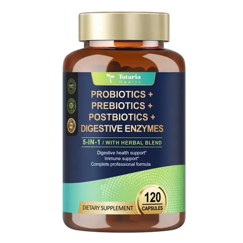 Totaria 5-in-1 Probiotic Prebiotic Postbiotic Supplement with Digestive Enzymes, Slippery Elm, and Herbal Blend for Digestive and Immune Support, 120 Capsules - Dietary, Healthcare