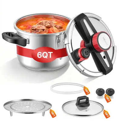 【Summerfinds】VEVOR 6L Stainless Steel Energy Saver Multi-Use Cookware, Pressure Canner with Steaming Rack, Tempered Glass Lid, 3 Settings (Up to 100 kPa, Rack Steams in Pot) for Meat, Beans