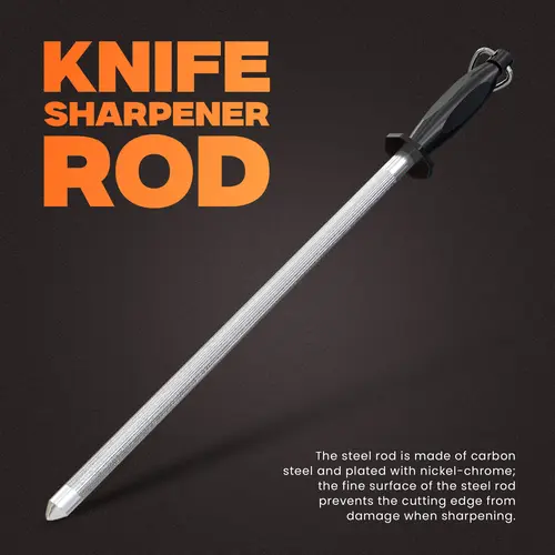 Utopia Kitchen 12-in Carbon Steel Knife Sharpener Rod - Non-Slip Ergonomic Kitchenware Tool with Built-In Hanging Loop, Nickel-Chrome Coating, Easy Clean for Home Users’ Knife Cutting Tasks, 12 Inches