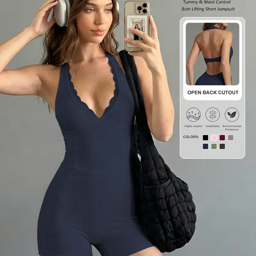 Women's Lace Patchwork Jumpsuit, V-Neck Design, Slim Fit, Sleeveless, Sporty Style, Yoga & Fitness Wear, All Seasons, Music Festival, Stretchy Sports Jumpsuit