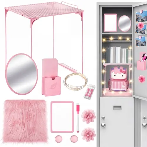 Back to School Locker Decorations Accessories Included Locker Shelf Magnetic Mirror Pen Holder Whiteboard Marker Faux Fur Rug Light String and Magnet for Back to School Essentials Decorations First Day of School Gifts