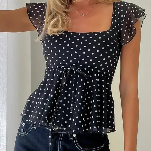 Women's Chiffon Lightweight Polka Dot Crop Top, Cute Summer Babydoll Top