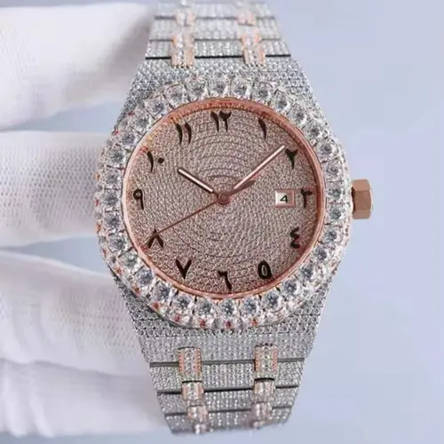Men's Iced Automatic Wrist Watch, Waterproof Bling Diamond Style, Round Arabic Dial Design, Ideal for Mens Gifts, Automatic Watches for Men, Arabic Dial Wrist Watches