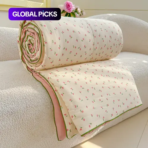 Reversible Quilted Summer Quilt with Tulip Floral Print, Floral Quilted Bedspread, Lightweight Breathable Blanket for Bed & Sofa, Soft & Skin-Friendly Coverlet for Girls & Women #GLOBAL PICKS