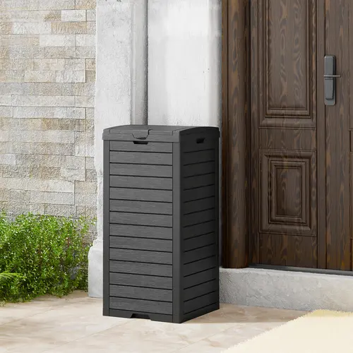 31 Gallon Outdoor Trash Can, Weather‑Resistant Resin Garbage Bin with Drip Tray & Double Lid,  Hideaway Trash Bin for Backyard Patio Deck Garden, Black