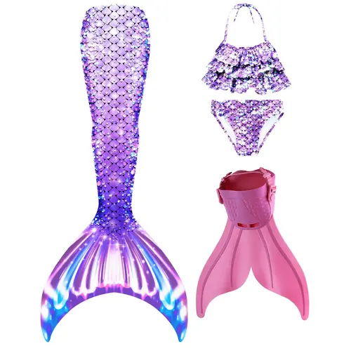 Girls' 4-Piece Polyester Mermaid Swimwear Set - Bright Sparkly Scale Pattern Ruffle Bikini, Cover-Up Skirt, Fin for 3-12 Years, Party, Diving, Summer Vacation Water Activities