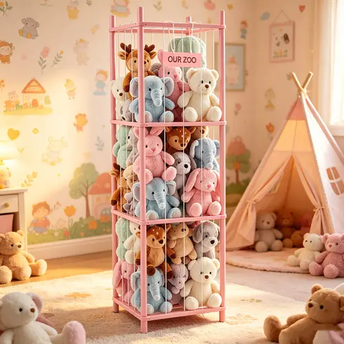 Sweetcrispy Large Stuffed Animal Storage Organizer - 54.35In, Solid Wooden Base, Elastic Cord, Space-Saving Home Organizer Basket for Playroom, Bedroom, Nursery