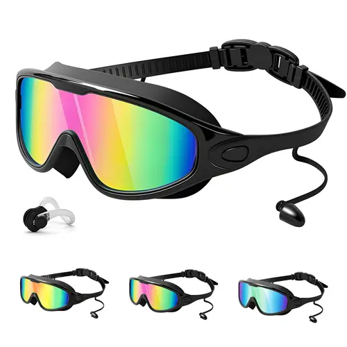 Children's Outdoor Swimming Goggles with Ear Plug Set - Plastic Frame, Anti-Fog, Anti-Scratch, UV-Safe Swim, UV Eye Shield, Durable, Wide View, No Leak, Adjustable Comfortable for Pool, Beach Use