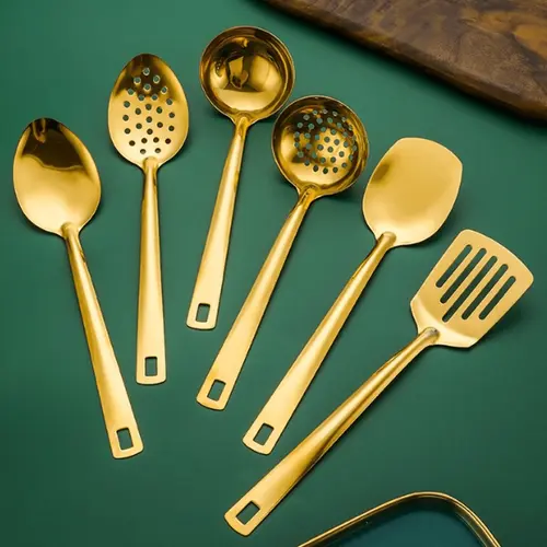 6-Piece Korean Style Gold-Plated Stainless Steel Kitchen Utensil Set - Slotted Turners, Cooking Spoon, Strainer Ladle, Serving Tongs - Elegant Design Home Kitchen Accessories, Luxurious Christmas Gift Idea, Golden Cutlery,sohochic