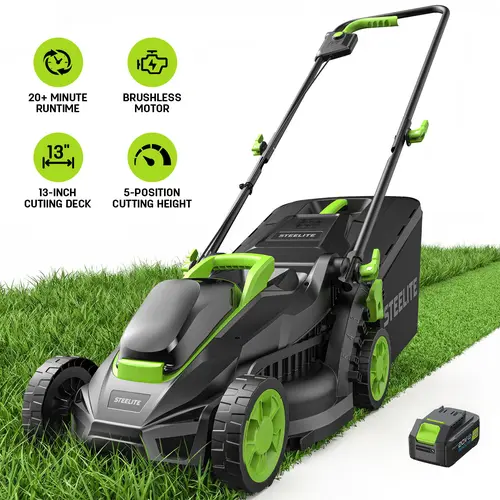 STEELITE 20V 13-Inch Brushless Motor Lawnmower, 4.0Ah Battery & Charger Included, Ultra-Lightweight Cordless Push Model with 8-Gal Bag Pickup & 2in1 Mulch/Bag for Small Lawns