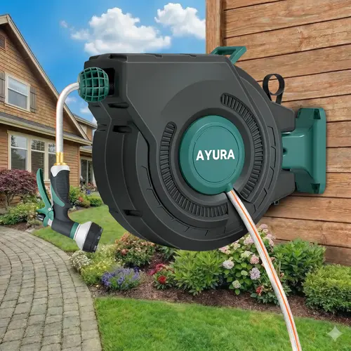 Heavy Duty Retractable Garden Hose Reel, Wall-Mounted with Automatic Rewind, Any-Length Lock, 180° Swivel Reach Bracket, 8 Spray Modes Nozzle, 200 PSI Working Pressure, 600 PSI Burst for Yard Cleaning on Brick, Wood, Concrete (Pipes & Fittings Included)