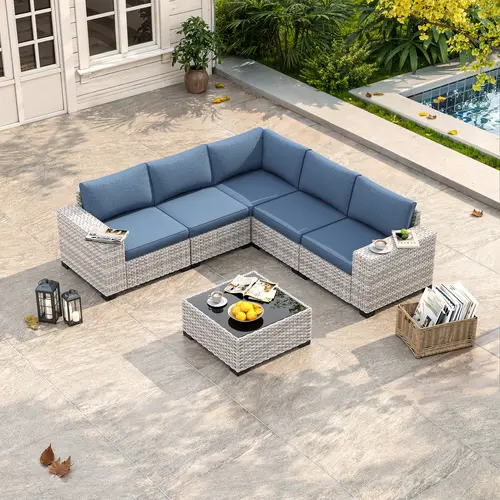5-Seat Outdoor Boneless Sectional Sofa Set (6-Piece) with 4" Thick Cushions, Coffee Table, All-Weather PE Rattan, 2-Package Delivery, Heavy-Duty Structure Patio Furniture Sets for Garden, Backyard, Heavy-Duty Structure Outdoor Furniture Sets