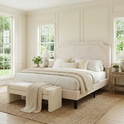 HOOMIC Upholstered Platform Bed Frame, Velvet/Chenille Finish with Adjustable Headboard, Wood Slats, No Box Spring Needed, Full/Queen/King Sizes in White/Beige/Black/Grey/Khaki Yellow#TikTokShopDealsforYouDays#DealsforYouDays#Summervibes#Summergarden