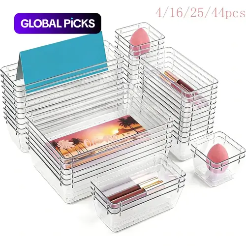 Transparent Plastic Drawer Organizer Set, Desktop Drawer Dividers for Makeup and Jewelry, Divided Cosmetic Storage Box, Clear Beauty Organizer with Compartments, Cosmetic Organizers #GLOBAL PICKS