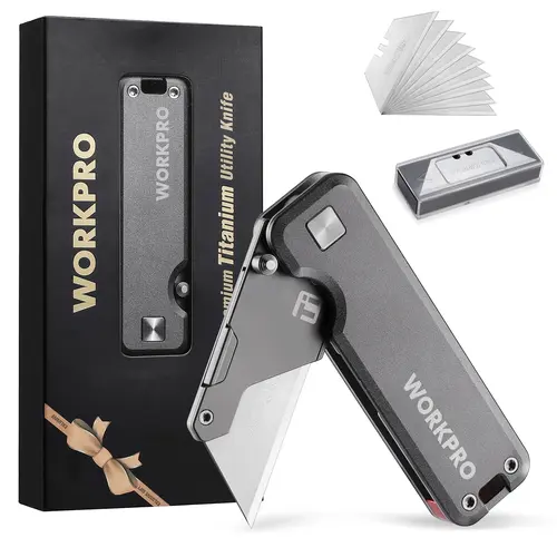 #toolupgrade WORKPRO Premium Titanium Utility Knife, CNC Unibody, Lightweight Folding Box Cutter, Quick Change Blade Razor Knife,Ideal Gifts for Men Women, with 10 Extra Blades