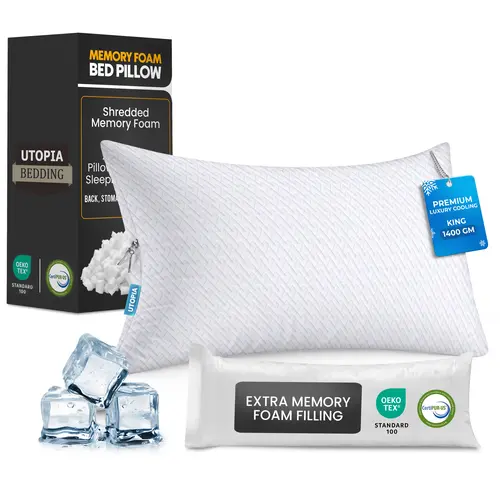 Utopia Bedding Supportive Shredded Foam Pillow - 1 & 2  Pack, Cooling Adjustable, Ergonomic Plush Support, Jacquard Fabric Polyester Washable Cover, Extra Fill, for Side/Back Sleepers, King/Queen Sizes, Memory Foam Cushioning, Sleep Cush, Bedroom Decor