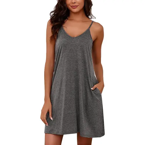 MARVMYS Women's Soft Cotton Night Gown for Women - Sleeveless Spaghetti Strap V-Neck Lightweight Slip Dress with Pockets, Casual Loungewear Fabric for Sisters, Girlfriends, Anniversary