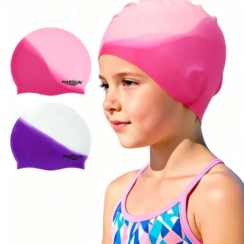 Swim Cap Kids (2 Pack), Durable Waterproof Swimming Cap for Girls Boys Teens Toddler Aged 3-15, Comfortable Fit Kids Swim Cap for Long Hair and Short Hair, Silicone Swim Caps for Kids Toddler
