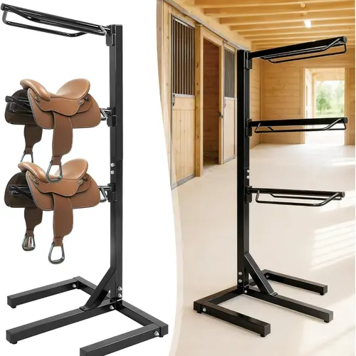 3 Tier Saddle Rack Heavy-Duty Saddle Stand for English and Western Style Quick Assembly & Disassembly Saddle Pad Rack Portable Horse Tack Storage Steel Powder Coated Black