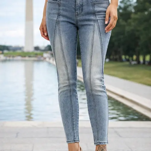 Women's Mid-Rise Stretchy Cotton Washed Skinny Slim Fit Jeans - Light Medium Wash, Contrast Stitch, Vintage Ankle Length, All-Season Clothes Piece, for Trendy Streetwear, BTN018-B,clothes for back to school,first day of school outfits,sohochic