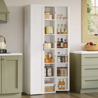 Summer Vibes IRONCK 72-in Freestanding Kitchen Pantry Cabinet, Wood Frame Storage Unit with 2 Doors, 12 Hanging Shelves, Metal Wheels & Pre-Drilled Holes for Dining, Living Room Organizer Storage House Organizers