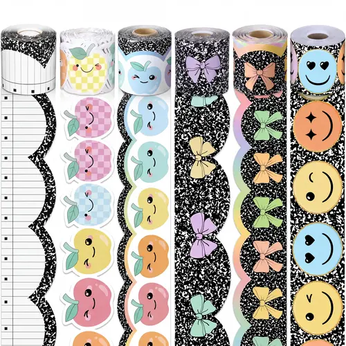 65 Feet Bulletin Board Border Classroom Decor Scalloped Paper Trim Roll Teacher Supplies for Classroom Wall Door Chalkboard Whiteboard Apple Bow Smiley Rainbow Pastel Styles  Back to School Shopping