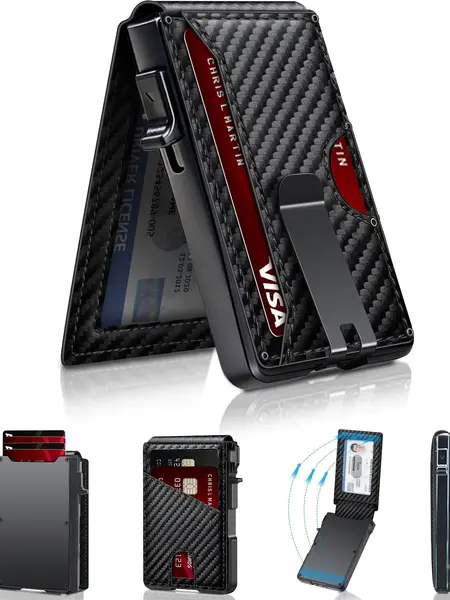 Men's 2026 Chic Casual Slim Bifold RFID Blocking Carbon Fiber Wallet - 11 Card Slots, Minimalist Leather Credit Card Holder, Black Trend Recto Verso Design, with Gift Box,sohochic