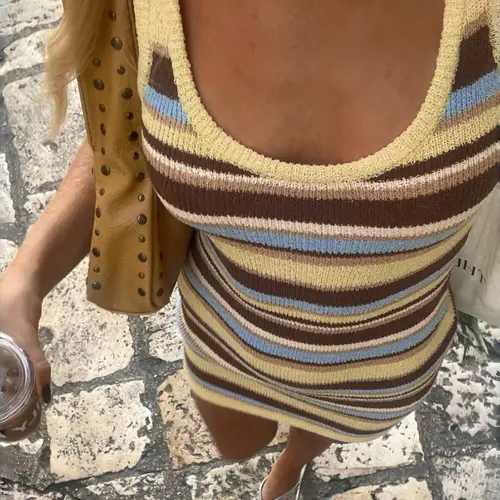 Summer Women's Slimming Sexy Colorblock Striped Knit Dress, Casual Fashion Long Sleeve Round Neck Design, Perfect for Daily Wear, Womenswear, Bodycon Fit Striped Dress, Bodycon Fitted