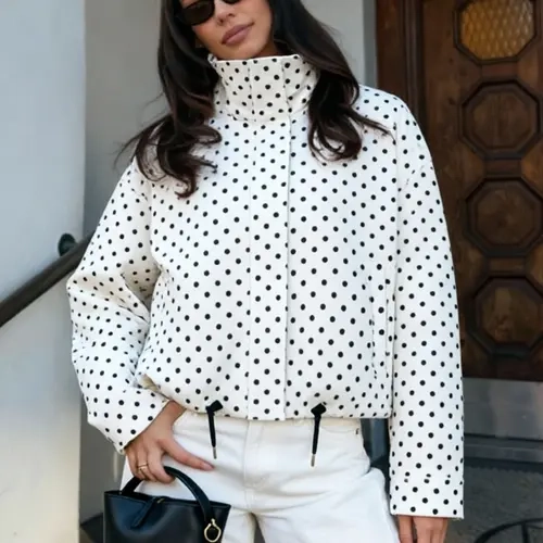 Polka Dot High Neck Women's Spring Jacket Windbreaker Cropped Coat Outdoor Bomber Jackets For Woman Outerwear Streetwear Demi-Season New In Jackets Fashionable Zipper Blue Woman Jackets Polka Dot Casual Jacket Casual Chic Outerwear Womenswear