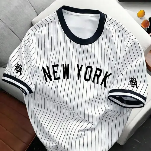Y2K Men's Summer Street Style Striped Baseball Shirt, Athletic Tops, Casual Sports Top, Casual Sporty Top, Vintage New York Letter Number 25 Print Round Neck Short Sleeve, Sports Clothing
