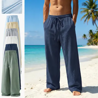 Men’s Summer Lightweight Plain Menswear Trousers - 100% Polyester Fabric, Loose Fit, Drawstring Tie, Breathable, Stylish, Minimalist Design, Belt-Ready for Indoor Gatherings, Outdoor Activities sohochic