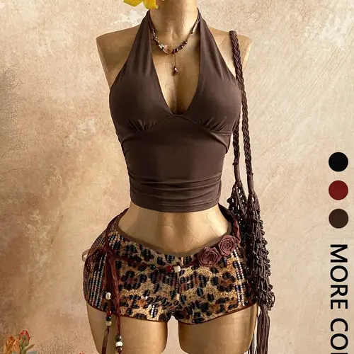 2 Piece Spring Summer Leopard Sequin Outfit Set Women | Halter Deep V Backless Sleeveless Crop Top + High Waist Bodycon Shorts | Y2K Boho Glam Style for Festival Vacation Beach Night Out Wear Clothes Matching Shorts Set