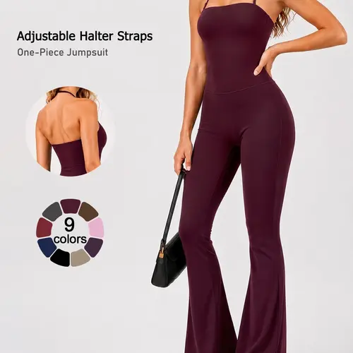 Women's Sleeveless Halter Sports Jumpsuit, Sleeveless Workout Jumpsuit, Yoga Workout Jumpsuits, Soft Nylon Spandex Fabric Yoga Jumpsuit Suitable for Daily Wear Outdoor Training and Fitness Wide Leg Pants Four Seasons Casual Jumpsuit