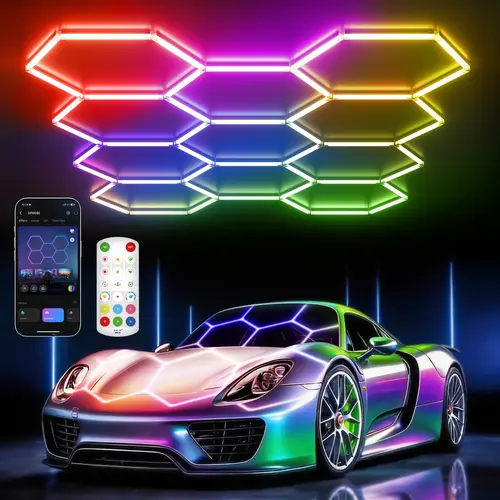 HYPERLITE RGB Hexagonal Honeycomb Light, Modular Garage Light System, Smart LED Hexagon Garage Lights for Ceiling or Wall, DIY Color Lighting Panels Music Sync, Remote Control, Decorative Honeycomb Light Garage, Gaming Room, Party BackToSchool,sohochic