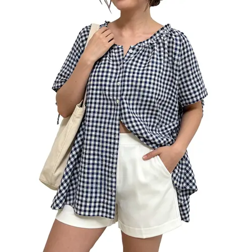 Hixiaohe Women's Loose Checkered Blouse - Women's Tops, Round Neck, Puff Sleeves with Sleeve Ties, Button Front Lets You Style It Open, Comfortable Summer Flowing Doll Top, Elegant Womenswear, Shortleeve