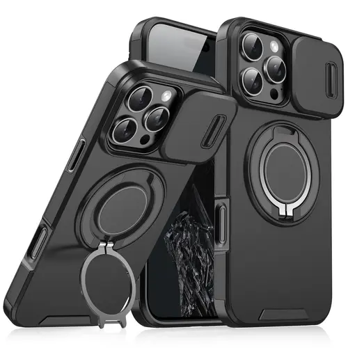 Heavy Duty Protective Smartphone Casing for iPhone 17/16/15/14/13/12 Pro Max, Mobile Phone Accessories with Camera Lens Protector, 360° Rotating Ring Kickstand, Military Grade Shockproof Drop Protection Cover