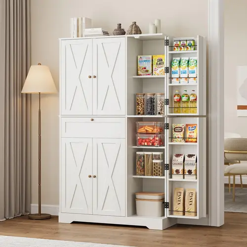 FUSOU 68" Tall Pantry Cabinet with Adjustable Shelve,[Shipping by 2 Packages] ,Large Modern Pantry Storage Cabinet with 6 Door Shelves & Storage Drawer，Freestanding Kitchen Hutch with Food Pantry for Dining Room/Living Room，White