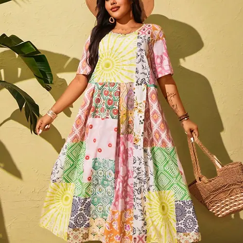 Women's Plus Size New Boho Patchwork Dress, Stylish Casual Wear, Comfortable Fit, Perfect for Daily, Spring Trendy Fashion Clothing, Boho Style Dresses