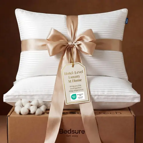 Bedsure Queen Size Sleeping Pillows Set of 2 - 300 Thread 100% Cotton Cover, Cloudsoft Neck Hug Necksoft 0.78d Wrap, Down Alternative Gusseted Dual Chamber Fine Stripes Bedding, Resists Pilling 67% for Neck Pain Relief,sohochic